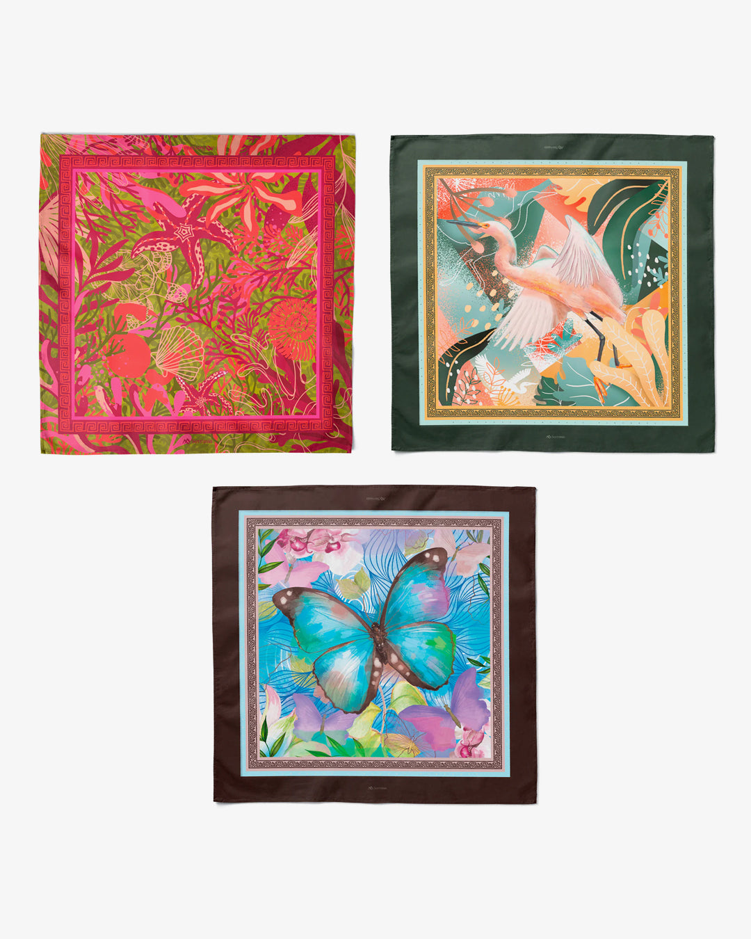 Pack de 3 pañoletas pequeñas (45x45cm) / Garza + Mariposa + Esencia oceánica