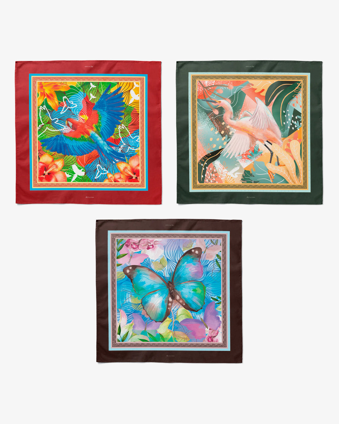Pack de 3 pañoletas pequeñas (45x45cm) / Guacamaya + Garza + Mariposa