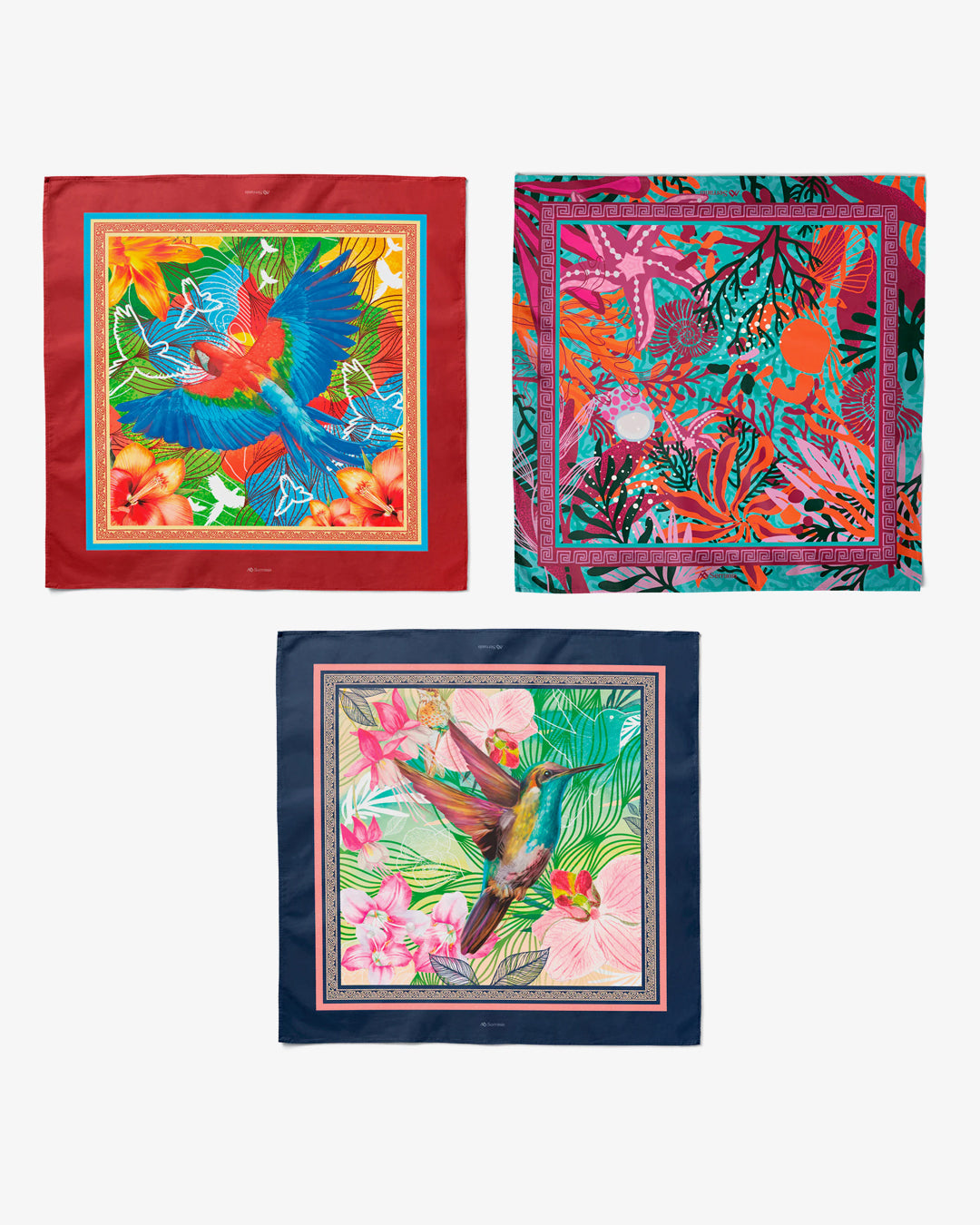Pack de 3 pañoletas pequeñas (45x45cm) / Guacamaya + Origen coral + Colibrí
